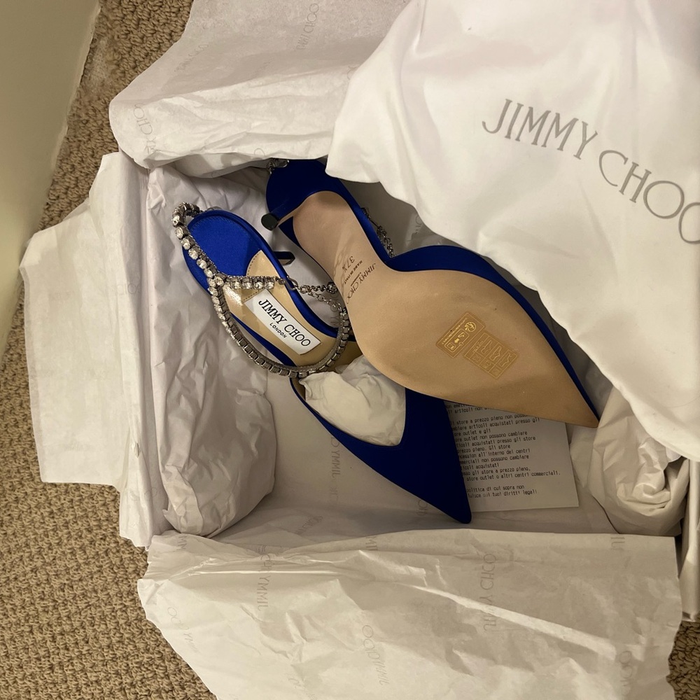 Jimmy Choo Saeda 85 Royal Blue Satin Heels with Crystal Strap - Picture 4 of 6